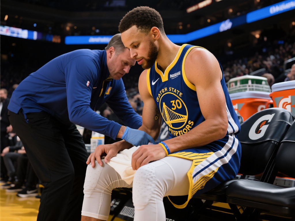 库里底线突破摔倒撞大腿，稍作调整后重返赛场